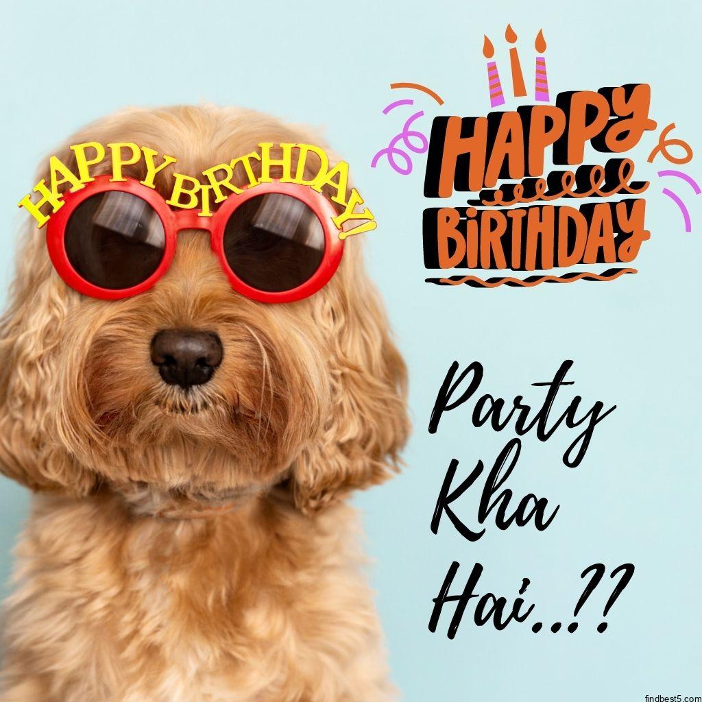 Happy birthday funny image with a dog wearing specs and a quote party kha hai