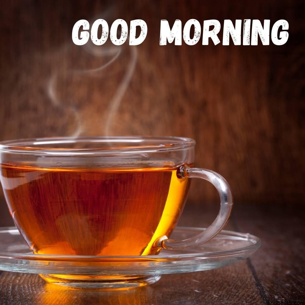 good morning images with hot tea with brown color background