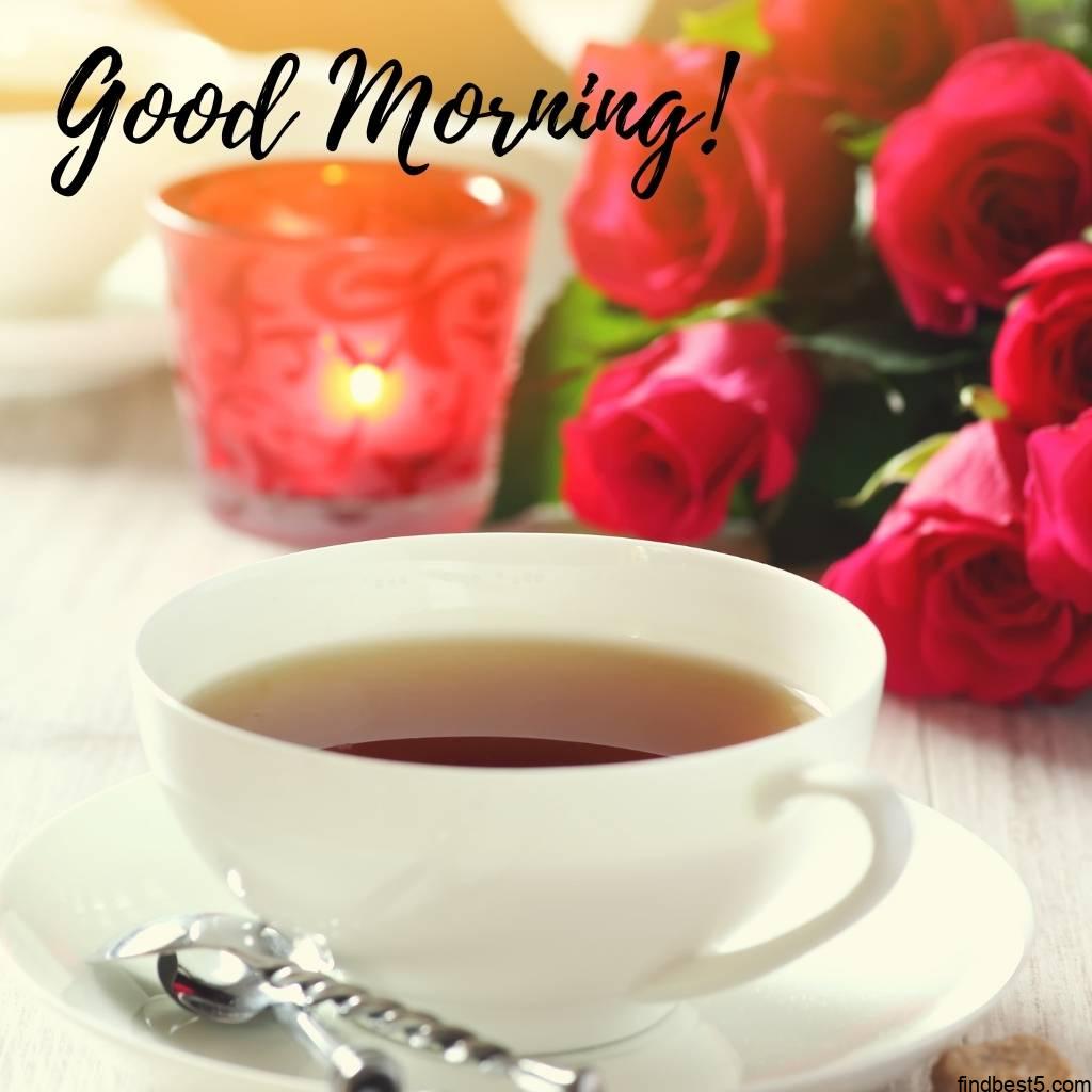 good morning images with black tea or coffee with roses and candle