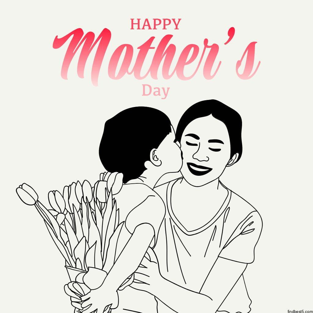 simple and beautiful happy mother's day wishes image with a mother and boy holding flowers in his hand for mother with white background