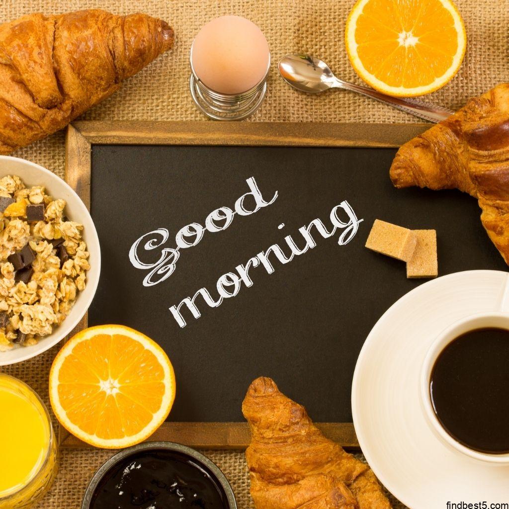 Good Morning image with breakfast and black coffee