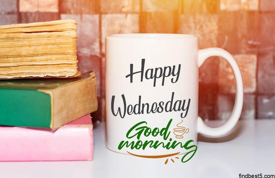 Good morning wednesday images with a coffe mug written happy wednesday and some books