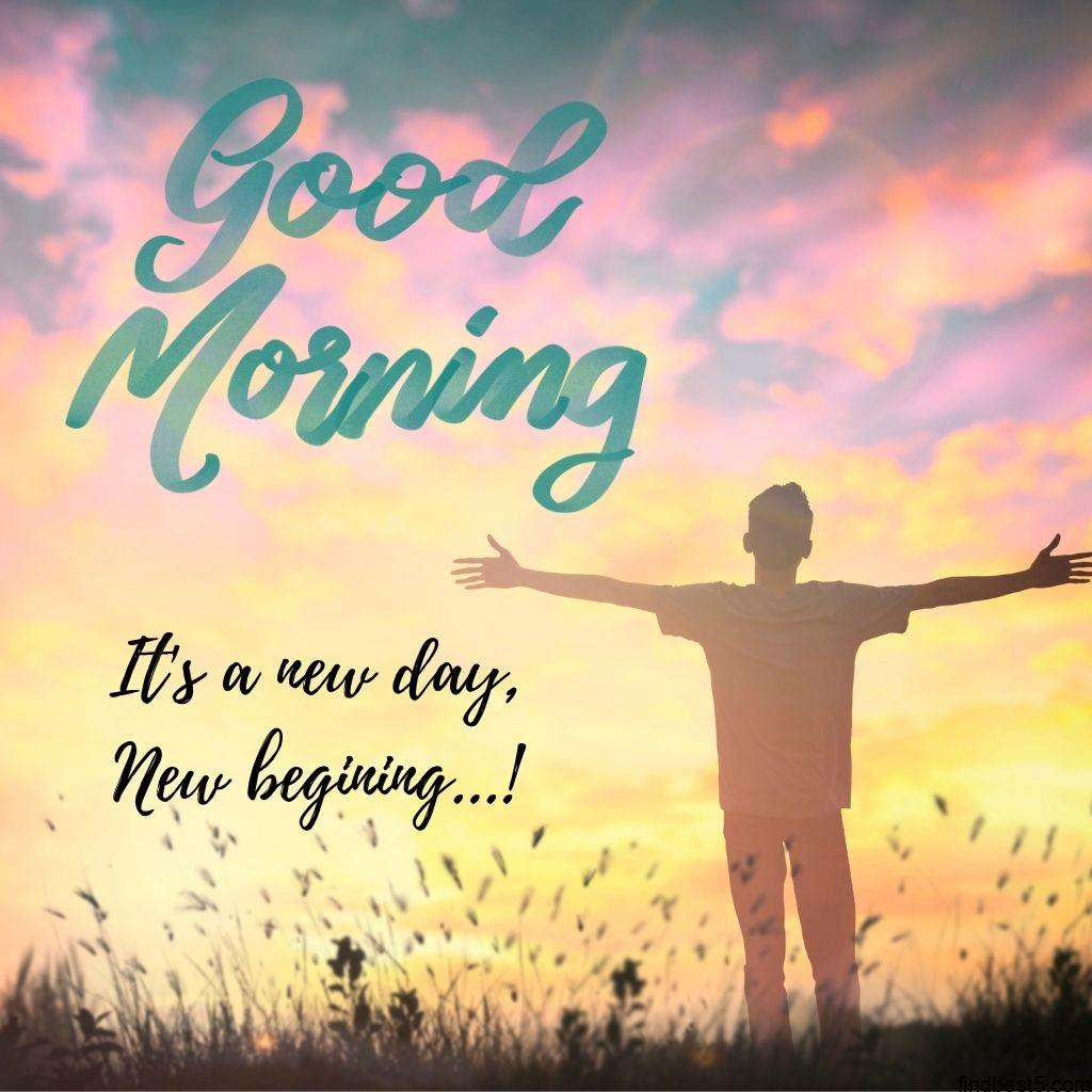 Good Morning image with a boy stretching his hands with saying a quote about new day, new begining