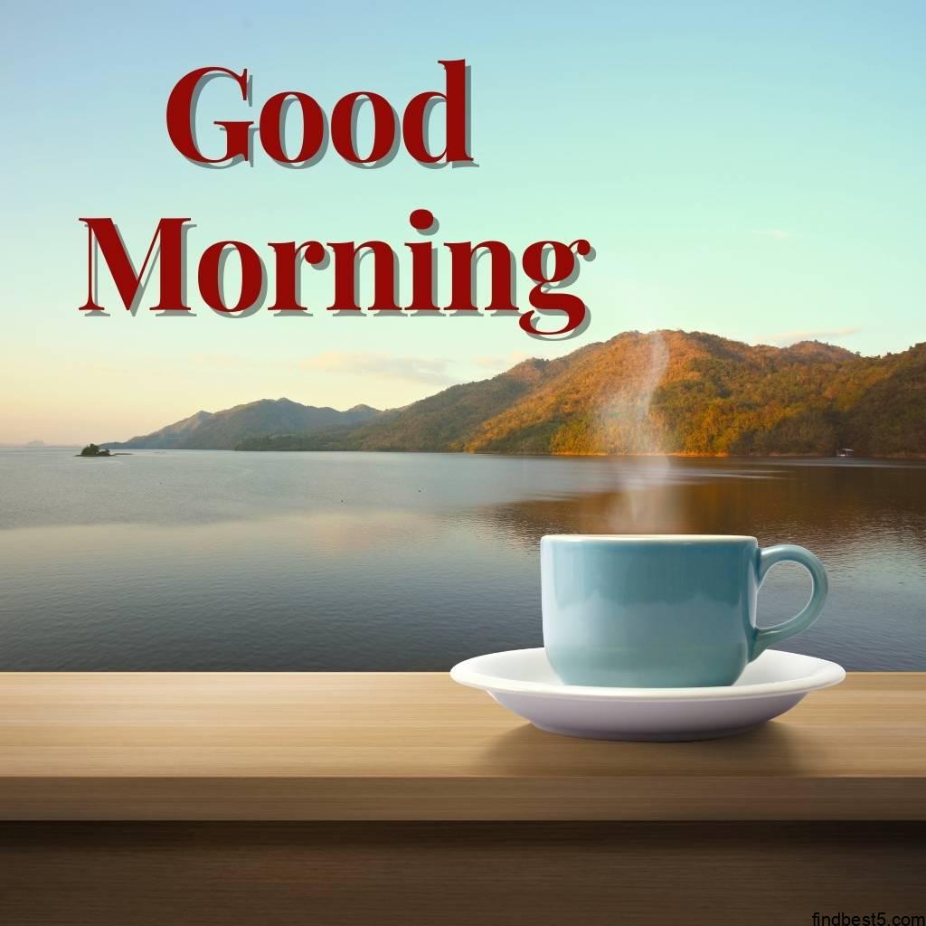 good morning images with hot tea and nature background