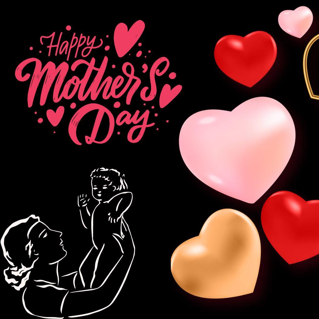 mother's day image with mother and baby with hearts and black background